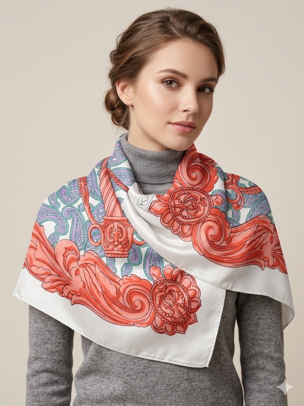 Vintage Sunkyung SA Silk Scarf in Coral and Teal -